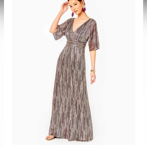 Lilly Pulitzer Dresses & Skirts - NWT Lily Pulitzer Parigi elbow sleeve maxi in gold berry crinkle